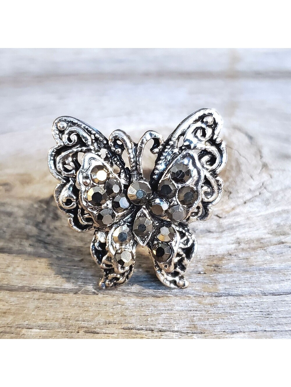 Vintage Y2K 90s Smoke Gray Crystal Butterfly Silver Adjustable Cocktail Ring